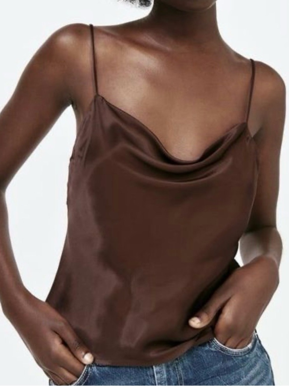 Zara Brown Satin Cowl-Neck Spaghetti Strap Camisole